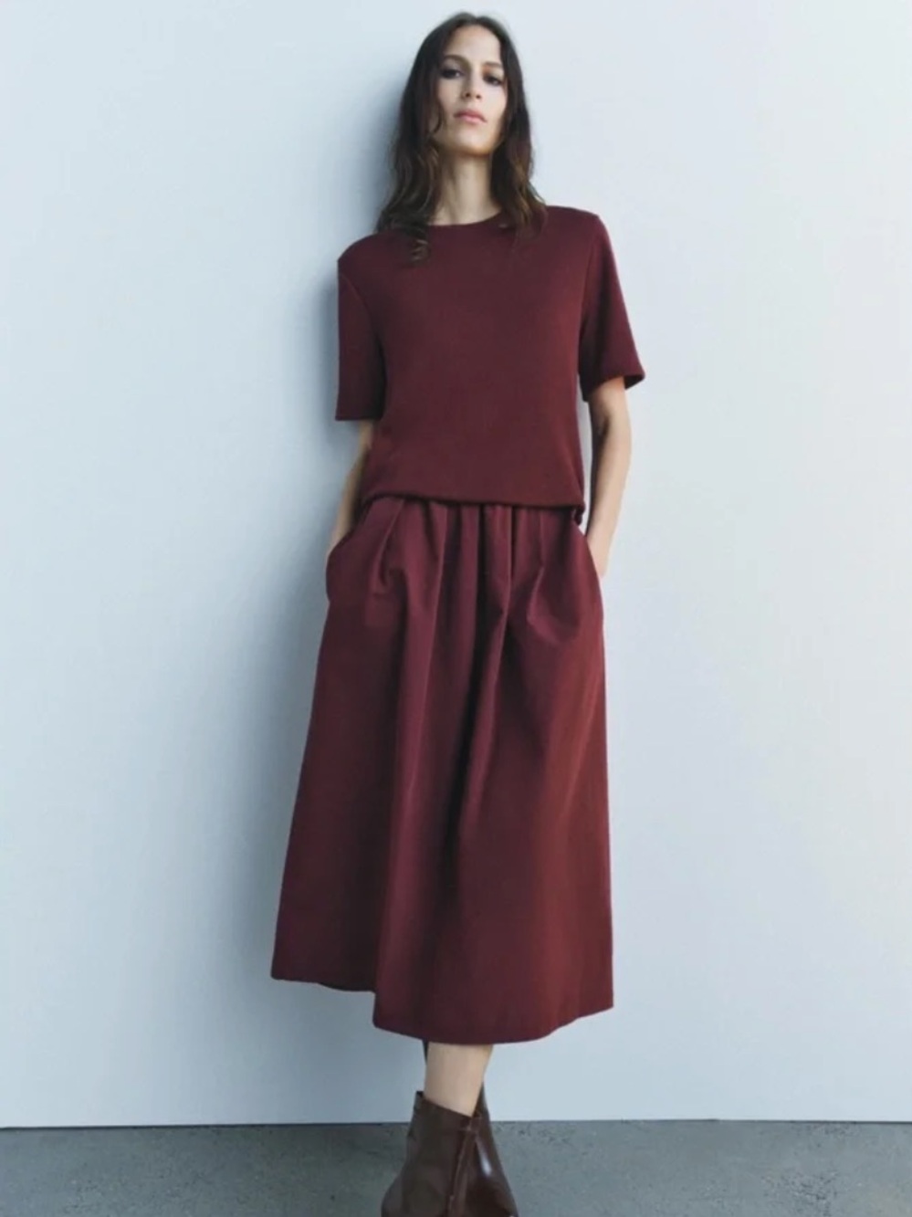 Zara Combination 100% Cotton Midi Dress In Burgundy Size L NWT